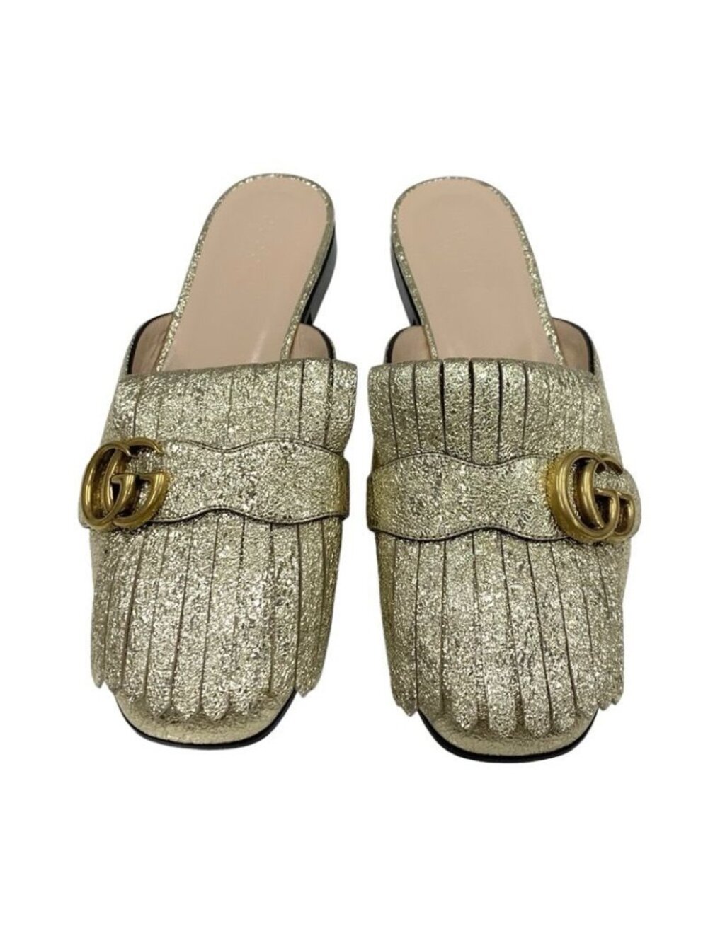 Gucci Double G GG Marmont Sandals Mules Slippers Shoes Fringe Leather - Picture 2 of 9